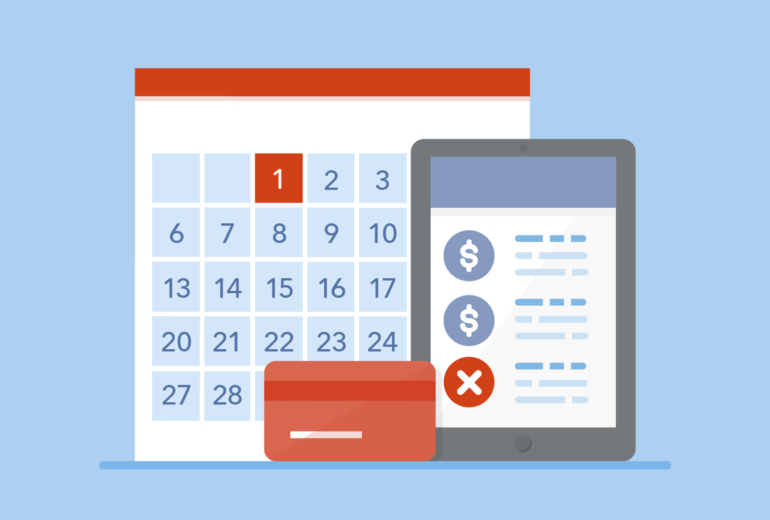 Illustration of a calendar, tablet showing expenses, and a credit card.