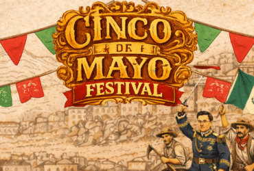 Illustrated Cinco de Mayo Festival scene with colorful bunting, soldiers with a cannon on the left, and historic figures celebrating near a Mexican flag center stage.